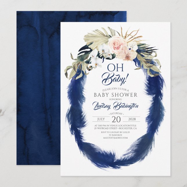 Invitation Baby shower tropical de la marine Blue Pampas Gras (Devant / Derrière)