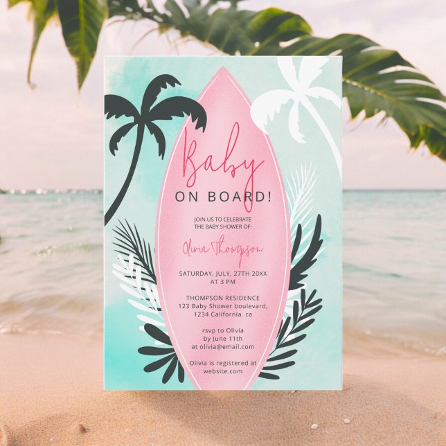 Invitation Baby shower tropical de palmiers (Tropical beach surfboard palm tree Baby Shower Invitation)