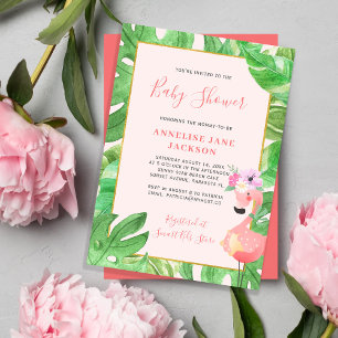 Invitation Baby shower tropical fille flamant rose Hawaïen