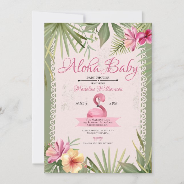 Invitation Baby shower tropical Flamant rose (Devant)