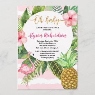 Invitation baby shower tropical Flamant rose fille, luau hawa