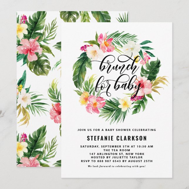 Invitation Baby shower Tropical Floral Wreath Brunch (Devant / Derrière)