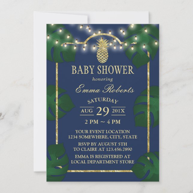 Invitation Baby shower tropical Luau Ananas Marine & Or (Devant)