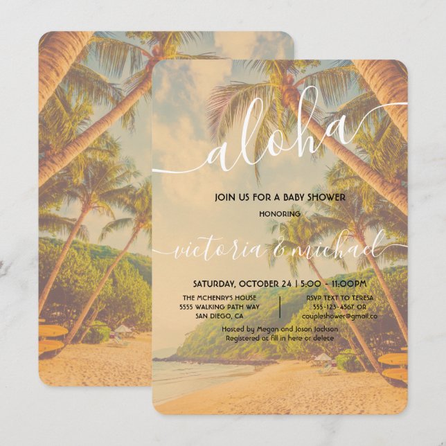 Invitation Baby shower Tropical Palm Tree Beach Aloha (Devant / Derrière)