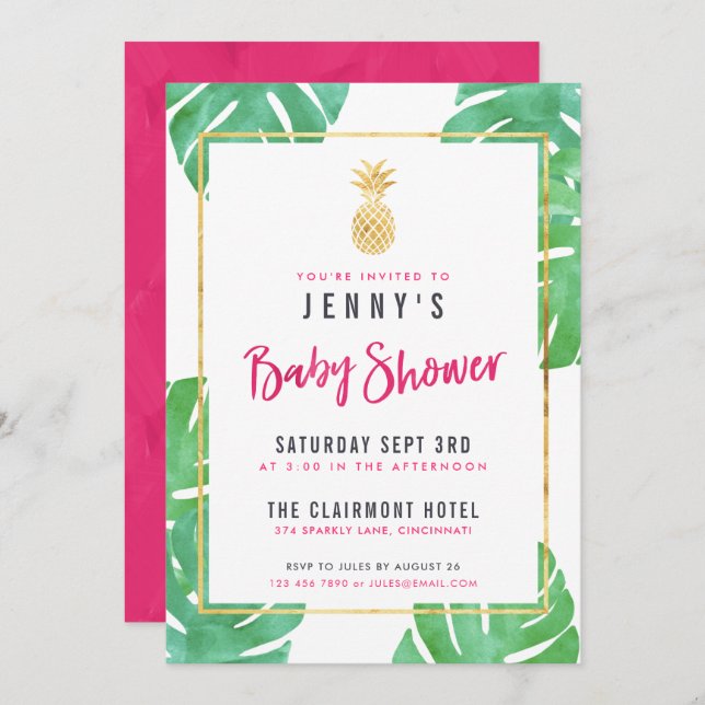 Invitation Baby Shower Tropical Rose & Or Doré Ananas (Devant / Derrière)