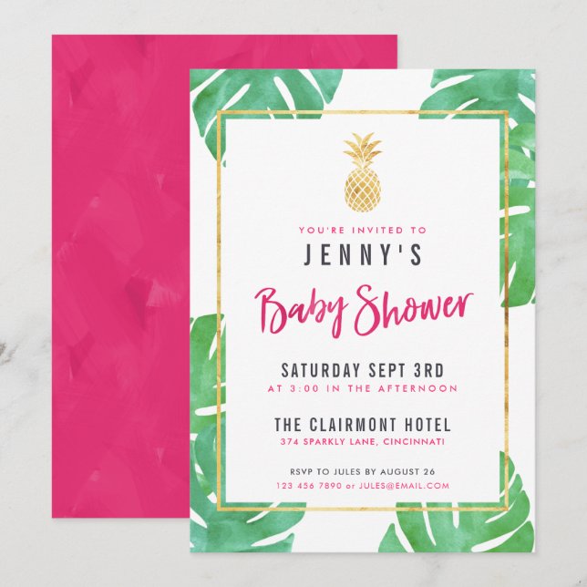 Invitation Baby Shower Tropical Rose & Or Pineapple (Devant / Derrière)