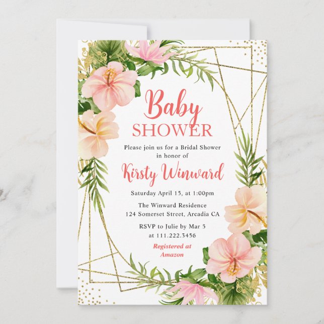 Invitation Baby shower Tropical Summer Flowers & Gold Frame (Devant)