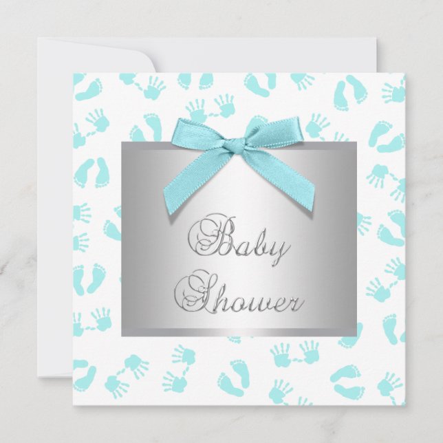 Invitation Baby shower turquoise Bleu Mains Bébé (Devant)