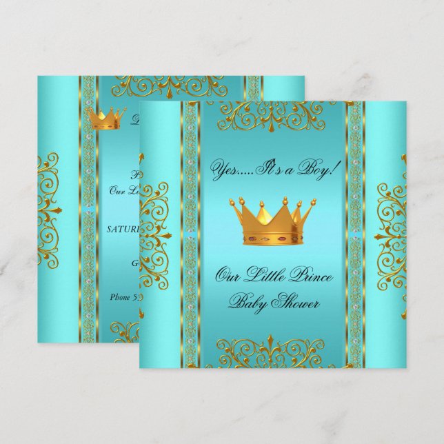 Invitation Baby shower Turquoise Blue Gold Boy Prince Crown (Devant / Derrière)