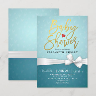 Invitation Baby shower Turquoise de ruban blanc Gold Script