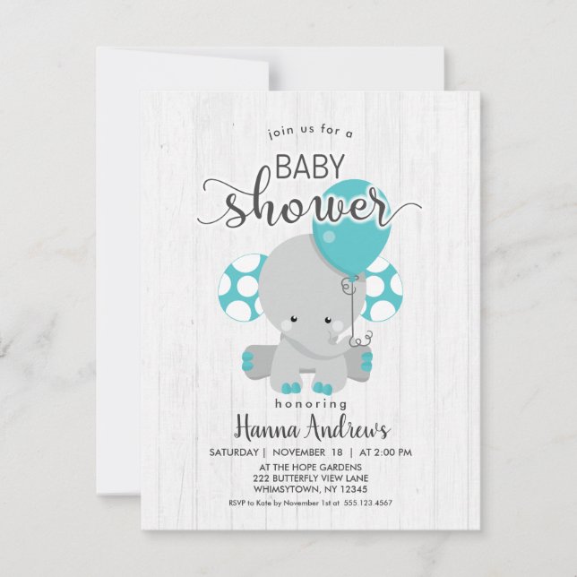 Invitation Baby shower Turquoise éléphant en bois  (Devant)