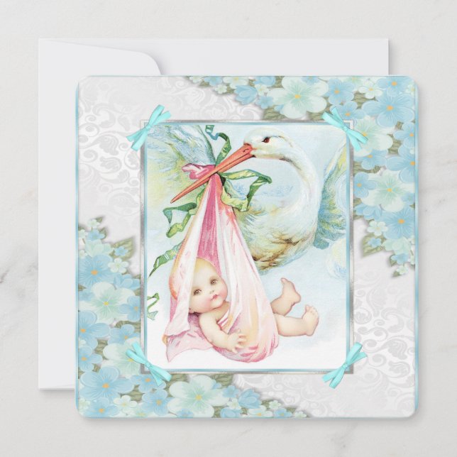 Invitation Baby shower turquoise en cigogne bleue et rose (Devant)