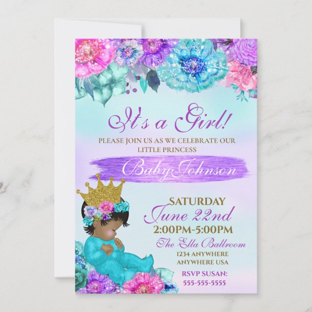 Invitation Baby shower turquoise pourpre élégant d'or de (Devant)
