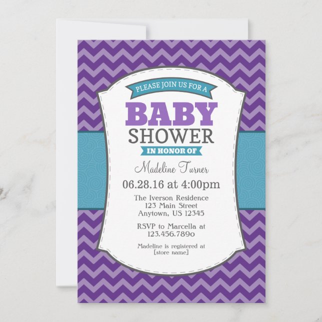Invitation Baby shower turquoise Purple Grey Chevr (Devant)