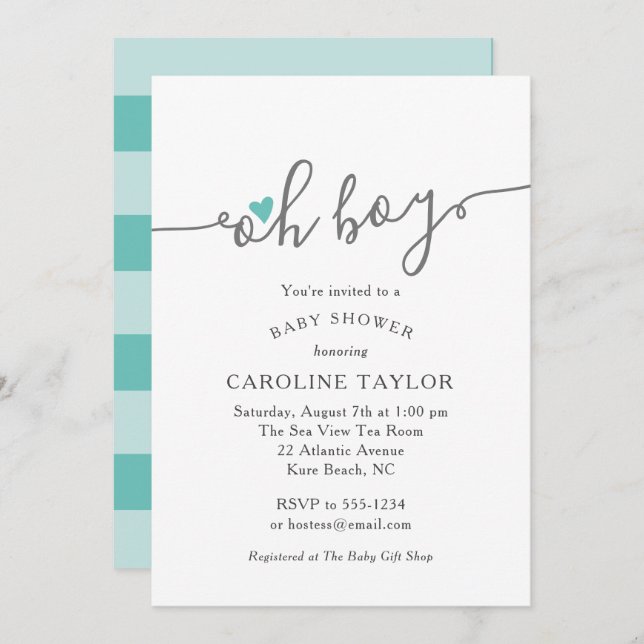 Invitation Baby shower Turquoise simple Oh Boy (Devant / Derrière)