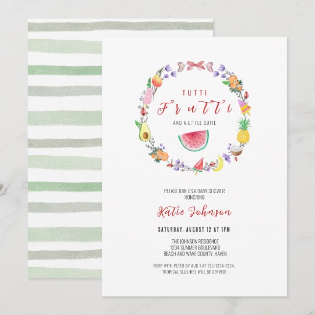 Invitation Baby shower Tutti Frutti, Douche Tropicale Été (Devant / Derrière)