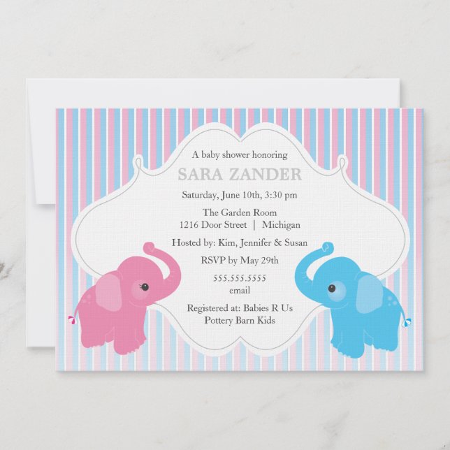 Invitation Baby shower Twin Boy and Girl Elephant (Devant)