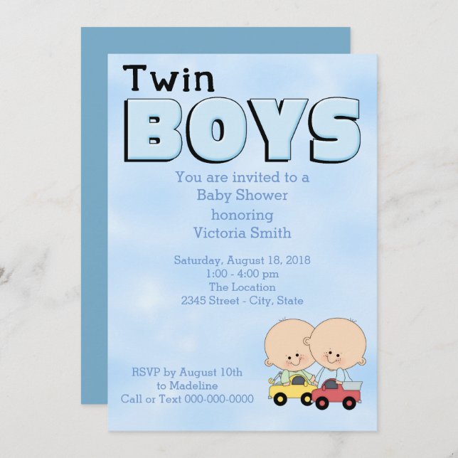 Invitation Baby shower Twin Boys (Devant / Derrière)