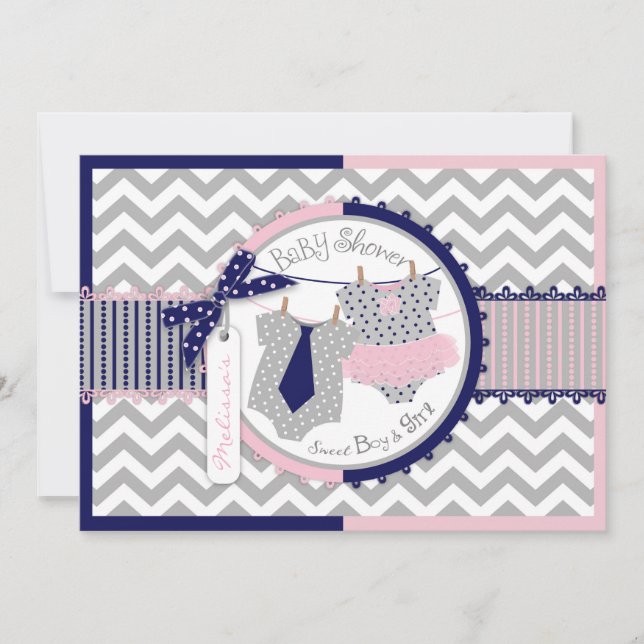 Invitation Baby shower Twin Cravate Tutu Chevron (Devant)