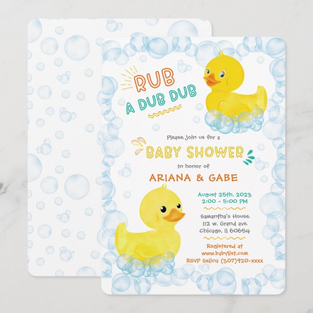 Invitation Baby shower Twin en caoutchouc (Devant / Derrière)