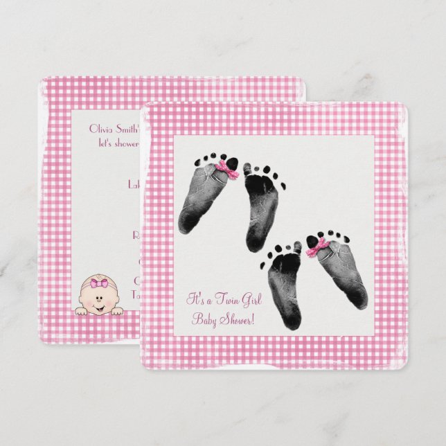 Invitation Baby shower Twin Girl avec empreintes (Devant / Derrière)