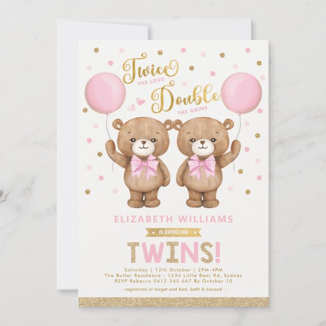 Invitation Baby shower Twin Girl Pink Or Teddy Bear Balloon (Devant)