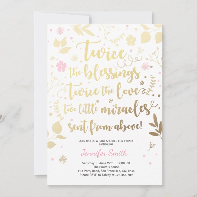 Invitation Baby shower Twin Gold Pink Girl (Devant)