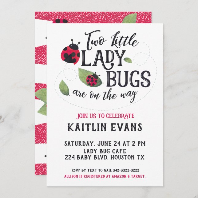 Invitation Baby shower Twin Ladybug (Devant / Derrière)