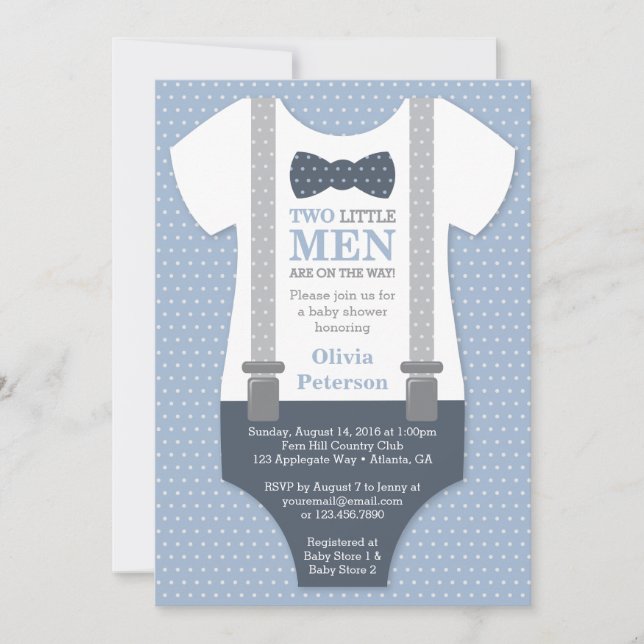 Invitation Baby shower Twin Little Men, Blue Grey (Devant)