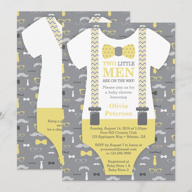Invitation Baby shower Twin Little Men, Jaune (Devant / Derrière)