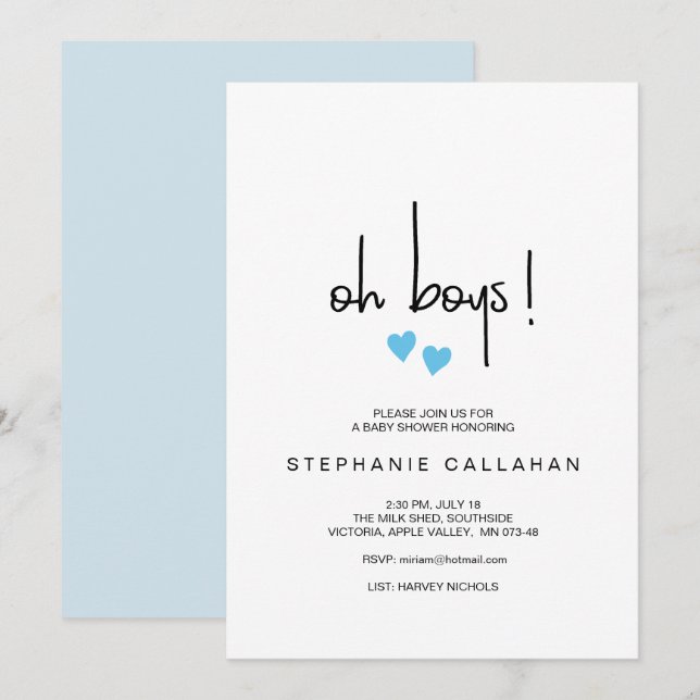 Invitation Baby shower Twin Oh Boys Avec Deux Coeurs Bleus (Devant / Derrière)
