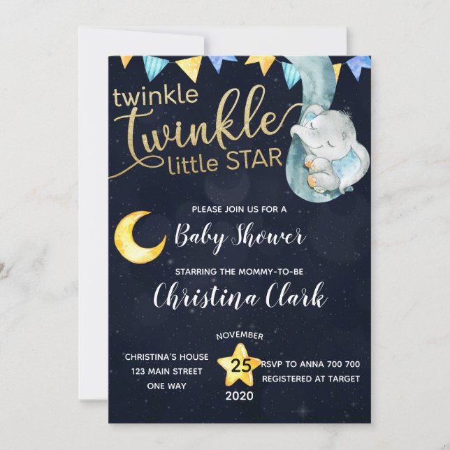 Invitation Baby shower Twinkle Elephant Moon & Stars (Devant)