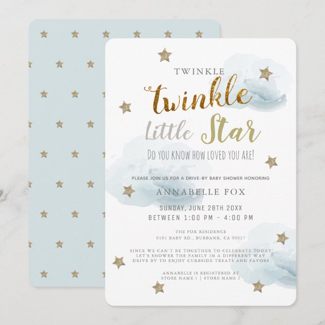 Invitation Baby shower Twinkle Little Star Blue Boy Drive-by (Devant / Derrière)