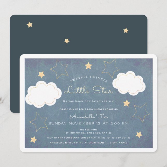 Invitation Baby shower Twinkle Little Star Blue Chalkboard (Devant / Derrière)