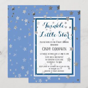 Invitation Baby shower Twinkle Little Star Blue Silver Stars