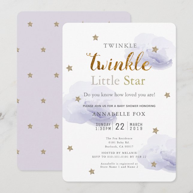 Invitation Baby shower Twinkle Little Star Lavender (Devant / Derrière)