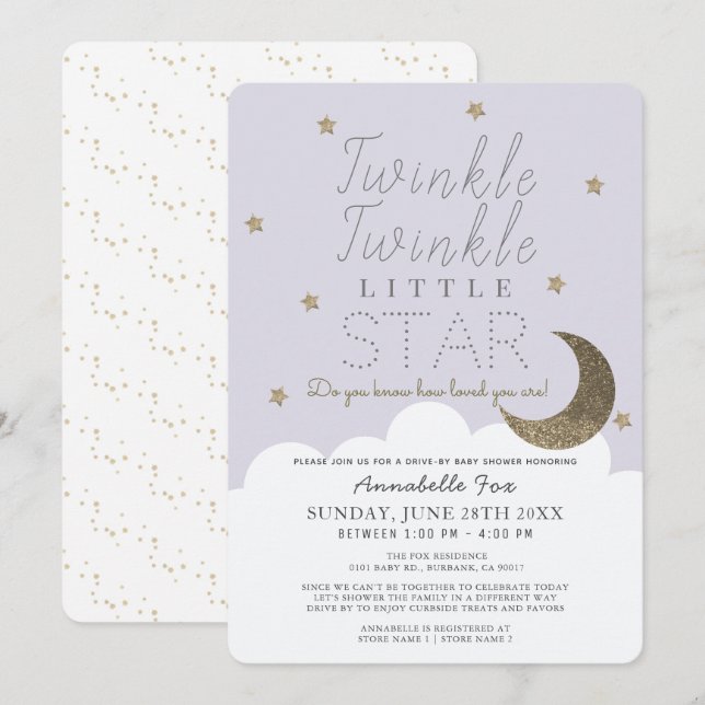 Invitation Baby shower Twinkle Little Star Lilac Drive-by (Devant / Derrière)