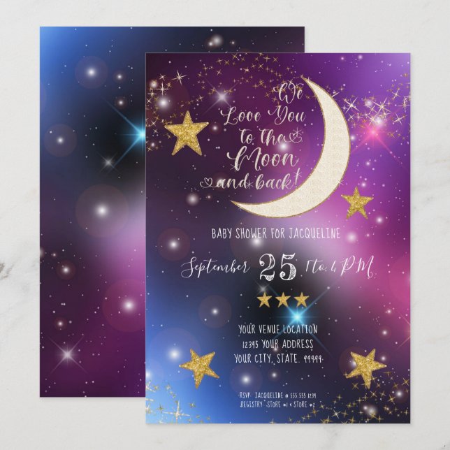 Invitation Baby shower Twinkle Little Star Purple Gold Moon (Devant / Derrière)