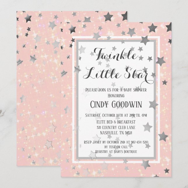 Invitation Baby shower Twinkle Little Star Rose Silver Stars (Devant / Derrière)