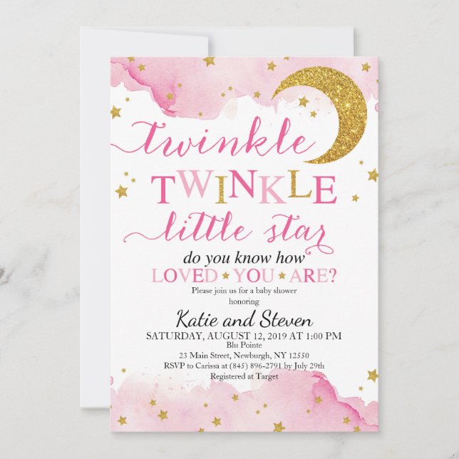 Invitation Baby shower Twinkle Twinkle (Pink & Gold) (Devant)