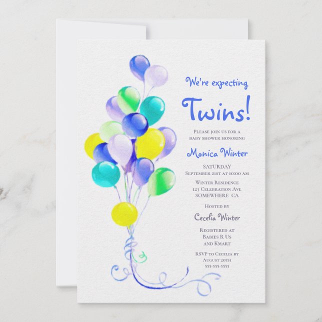 Invitation Baby shower Twins Blue Balloons (Devant)