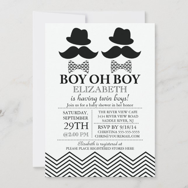 Invitation Baby shower TWINS de Little Man Mustache (Devant)