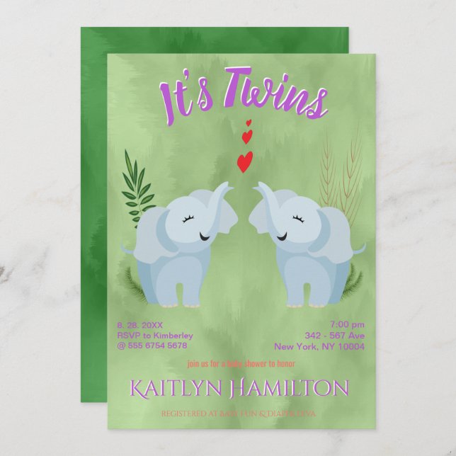 Invitation Baby shower Twins Elephant (Devant / Derrière)