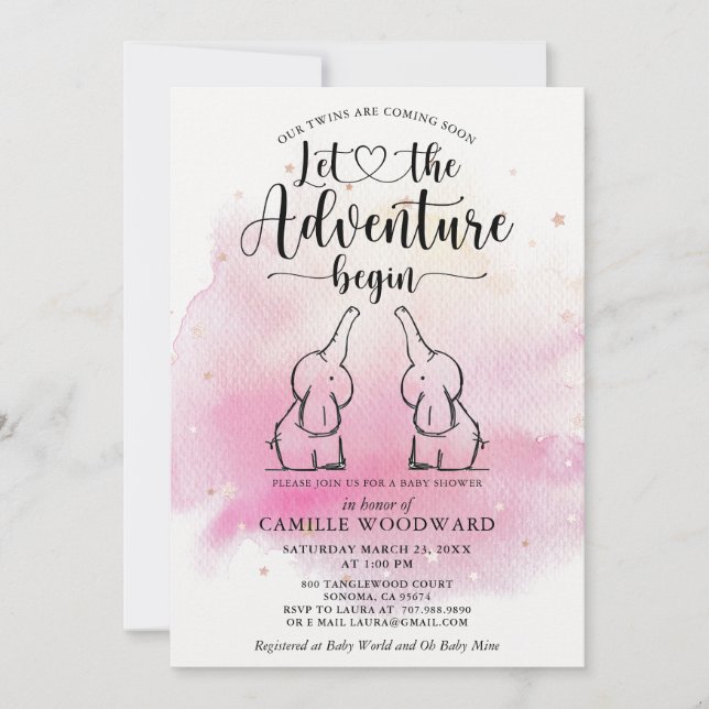 Invitation Baby shower Twins Elephants (Devant)