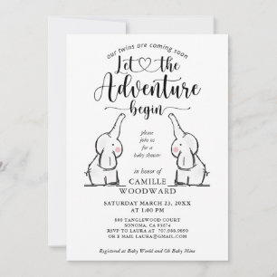 Invitation Baby shower Twins Elephants