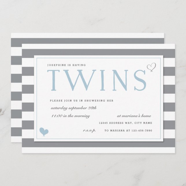 Invitation Baby shower Twins Gris et Blanc en bande (Devant / Derrière)