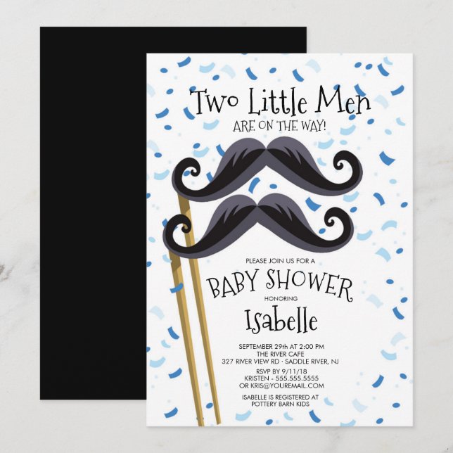 Invitation Baby shower Twins Mustache Little Men (Devant / Derrière)