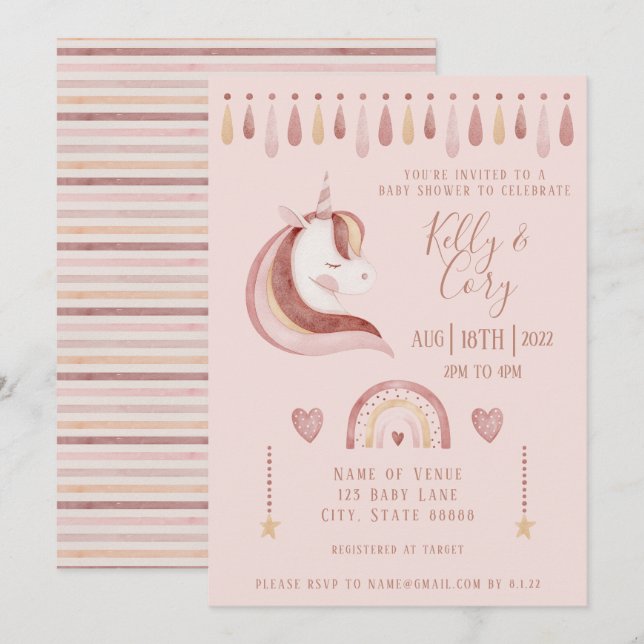 Invitation Baby shower Unicorn (Devant / Derrière)