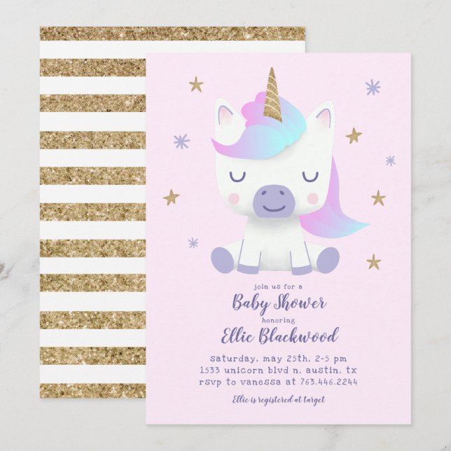 Invitation Baby shower Unicorn (Devant / Derrière)