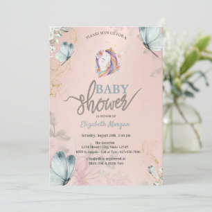 Invitation Baby shower Unicorn Blue Butterflies